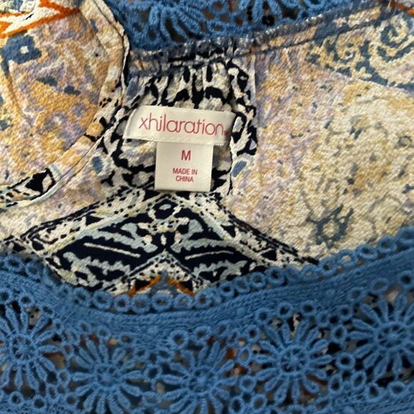 XHILARATION Blue Multi Pattern Peasant Lace Trim Dress with Bell Sleeves Size M - Picture 7 of 8